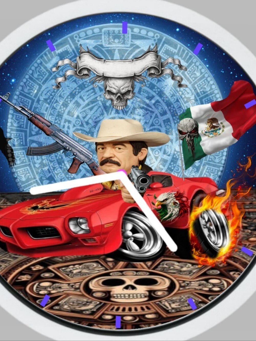 Beto Quintanilla Red Muscle Car Art Graphic Clock Face with Mexican Flag Motif
